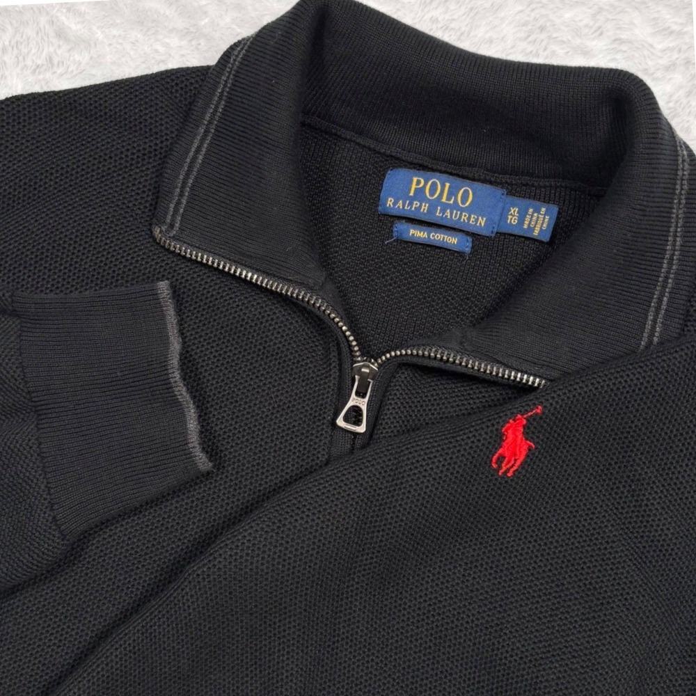 Polo Ralph Lauren 1/4 Zip Sweater Men XL(FIT M)Black Waffle Knit Red Pony Preppy